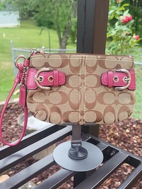 Coach Signature Canvas Wristlet in Brown with Pink Trim